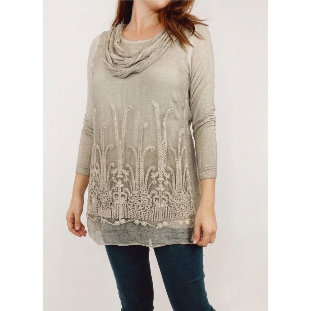 Soft Surroundings Silk Tunic 3X Crochet Embroidered Boho Cowl Neck Art to Wear